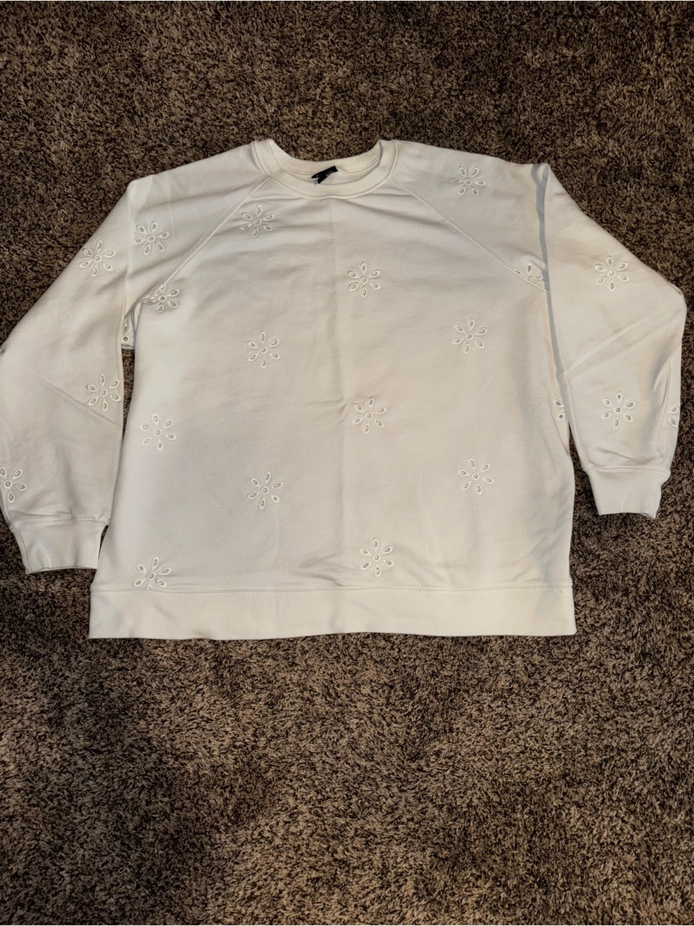 Women's White Eyelet Embroidered Crewneck Terry Sweatshirt.
